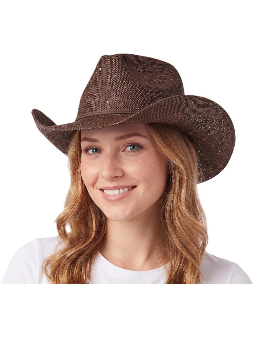 Women's Brown Sparkly Sequin Suede String Trim Party Cowboy Western Hat